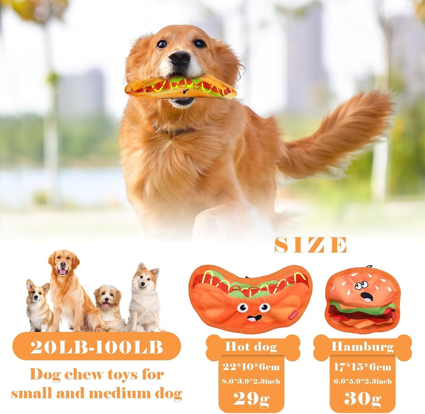 Crinkle Dog Toys Squeaky Dog Toys No Stuffing Dog Toys Durable Interactive Dog Chew Toys For Puppy Small Medium Large Dogs Hamburger